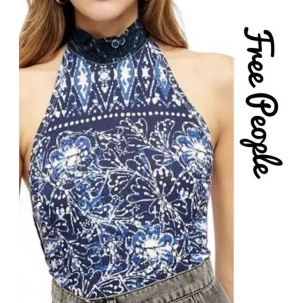 Free People Madagascar Printed Halter Top Navy XL